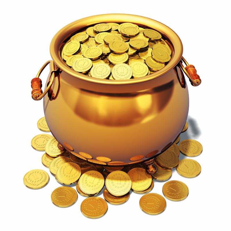 Creative abstract St. Patrick s Day traditional Irish holiday celebration, business banking success and financial wealth concept  pot full of shiny golden coins isolated on white background